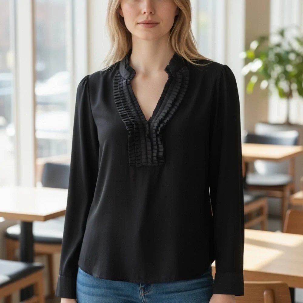 INC International Concepts Black Ruffled Blouse